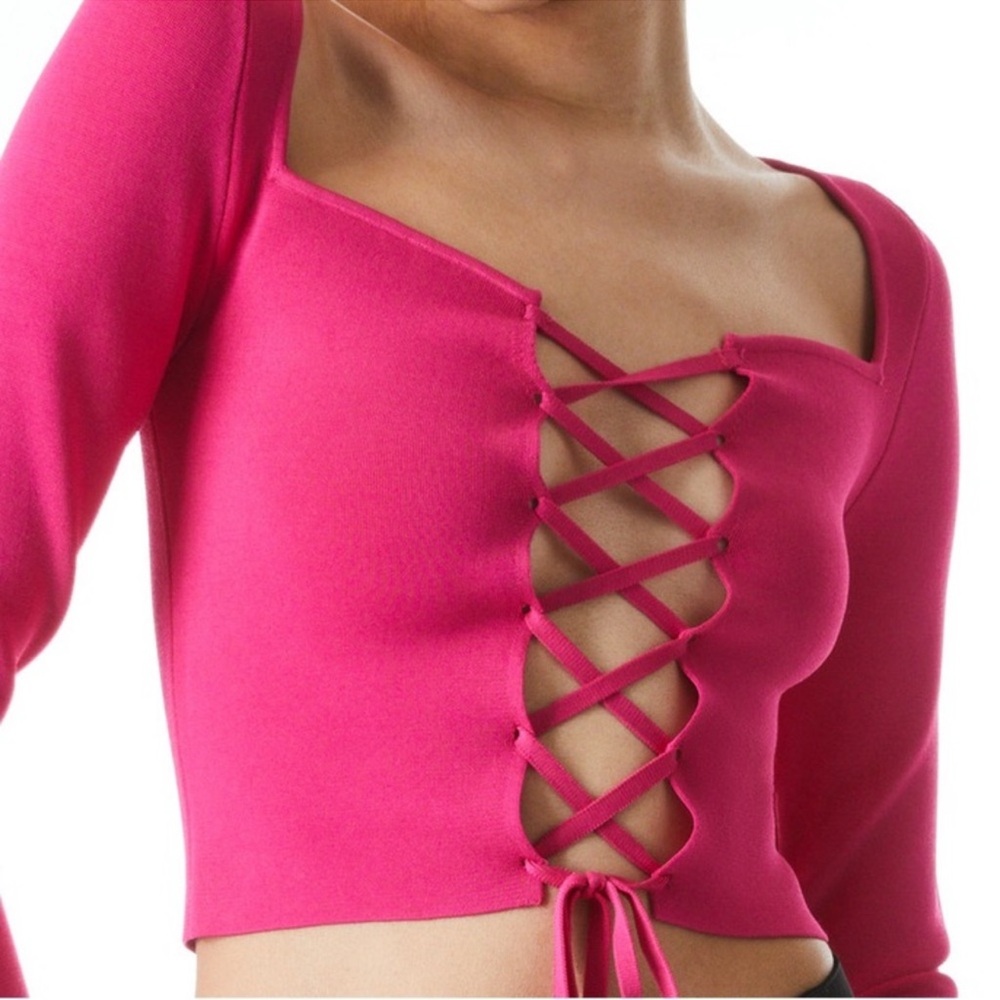 Alice + Olivia Vibrant Pink Lace-Up Crop Top